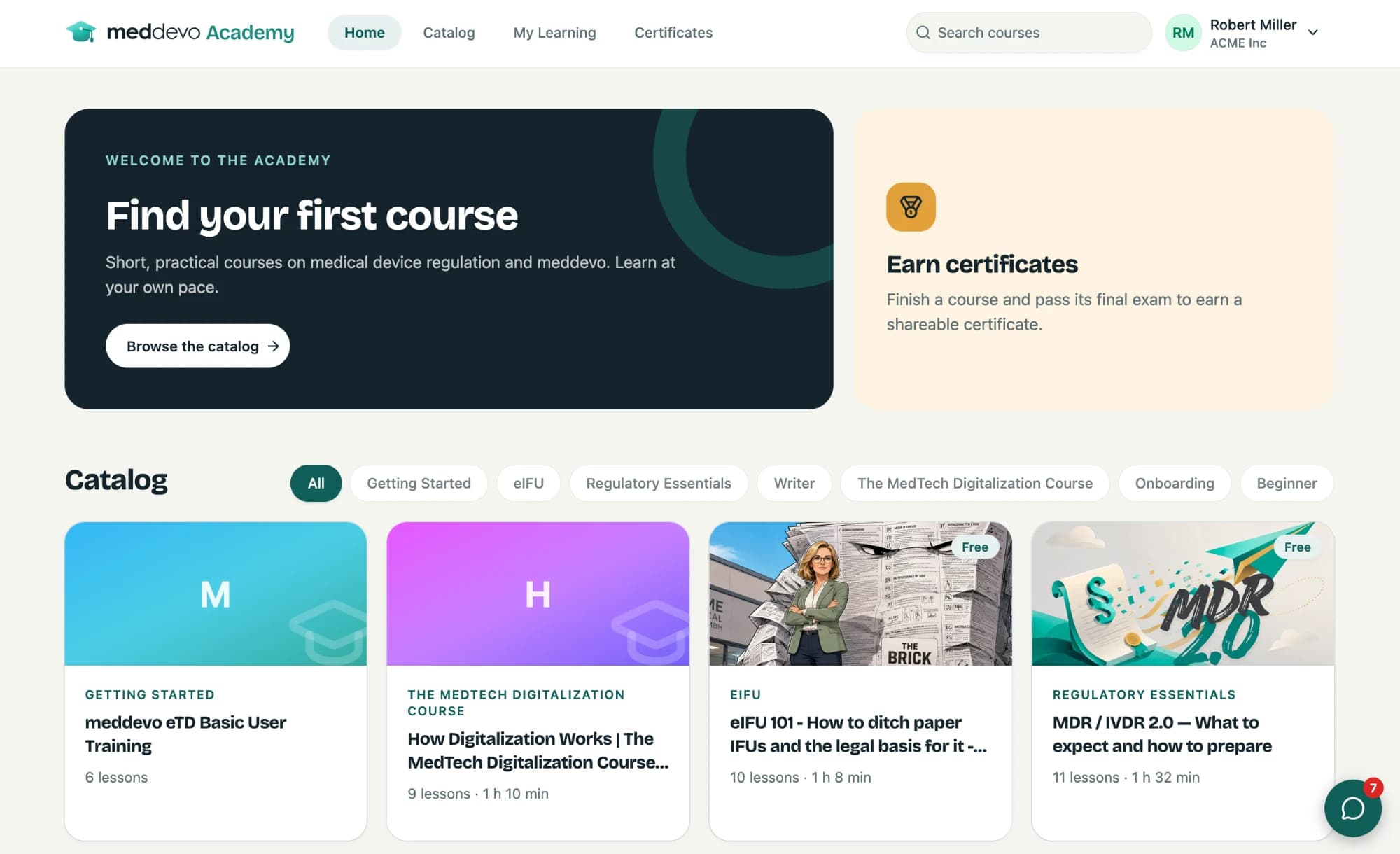 The meddevo Academy home with the course catalog